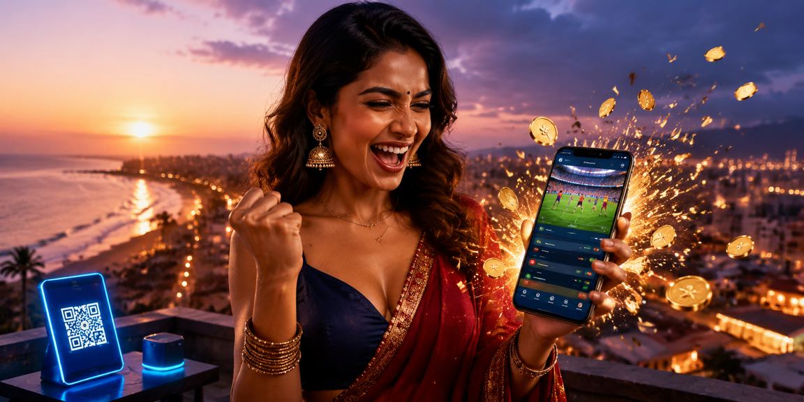 Player enjoying w210 Aviator game on smartphone at Goa beach